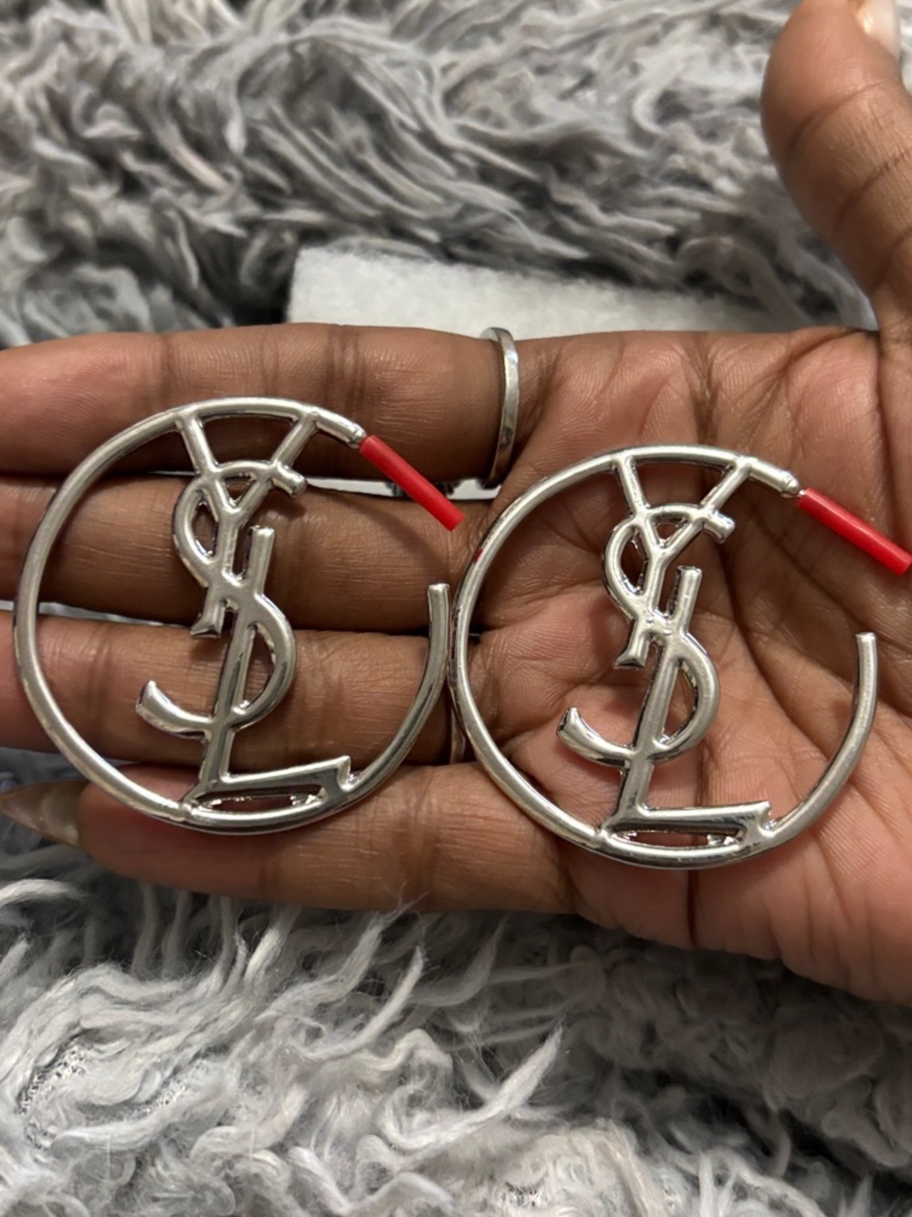 YSL Silver Logo Hoop Earrings